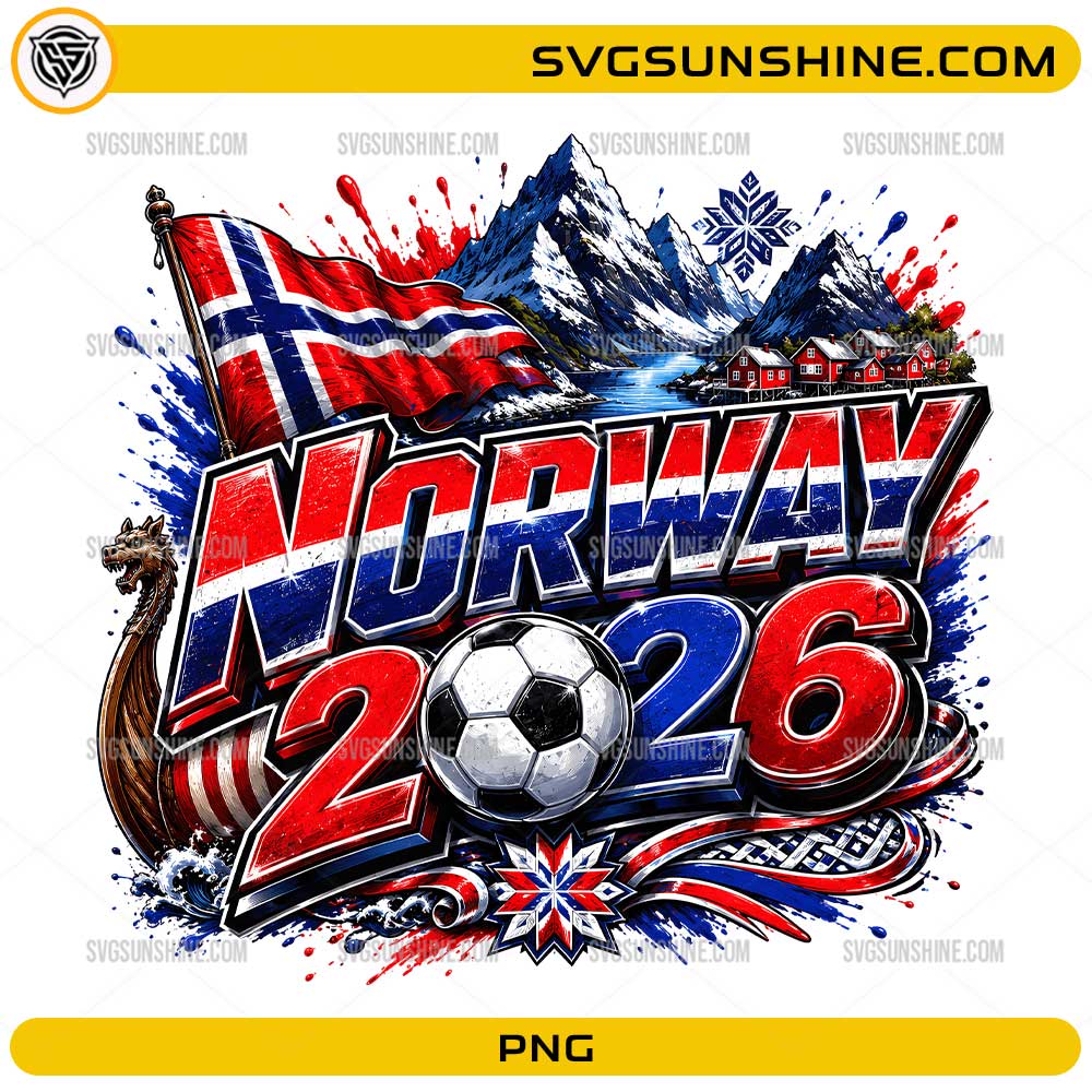 Norway World Cup 2026 PNG with soccer ball, Norwegian flag colors, mountains, fjord scenery, and Viking ship