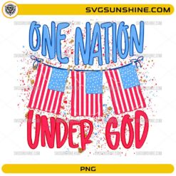 One Nation Under God PNG with American flags, patriotic Christian lettering, and red white blue confetti