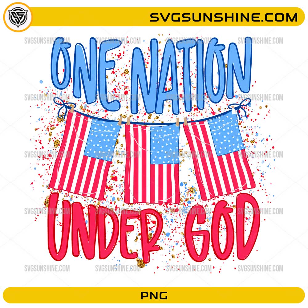 One Nation Under God PNG with American flags, patriotic Christian lettering, and red white blue confetti