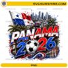 Panama World Cup 2026 PNG with soccer ball, Panama flag colors, palm trees, skyline, and canal scenery