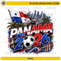 Panama World Cup 2026 PNG with soccer ball, Panama flag colors, palm trees, skyline, and canal scenery