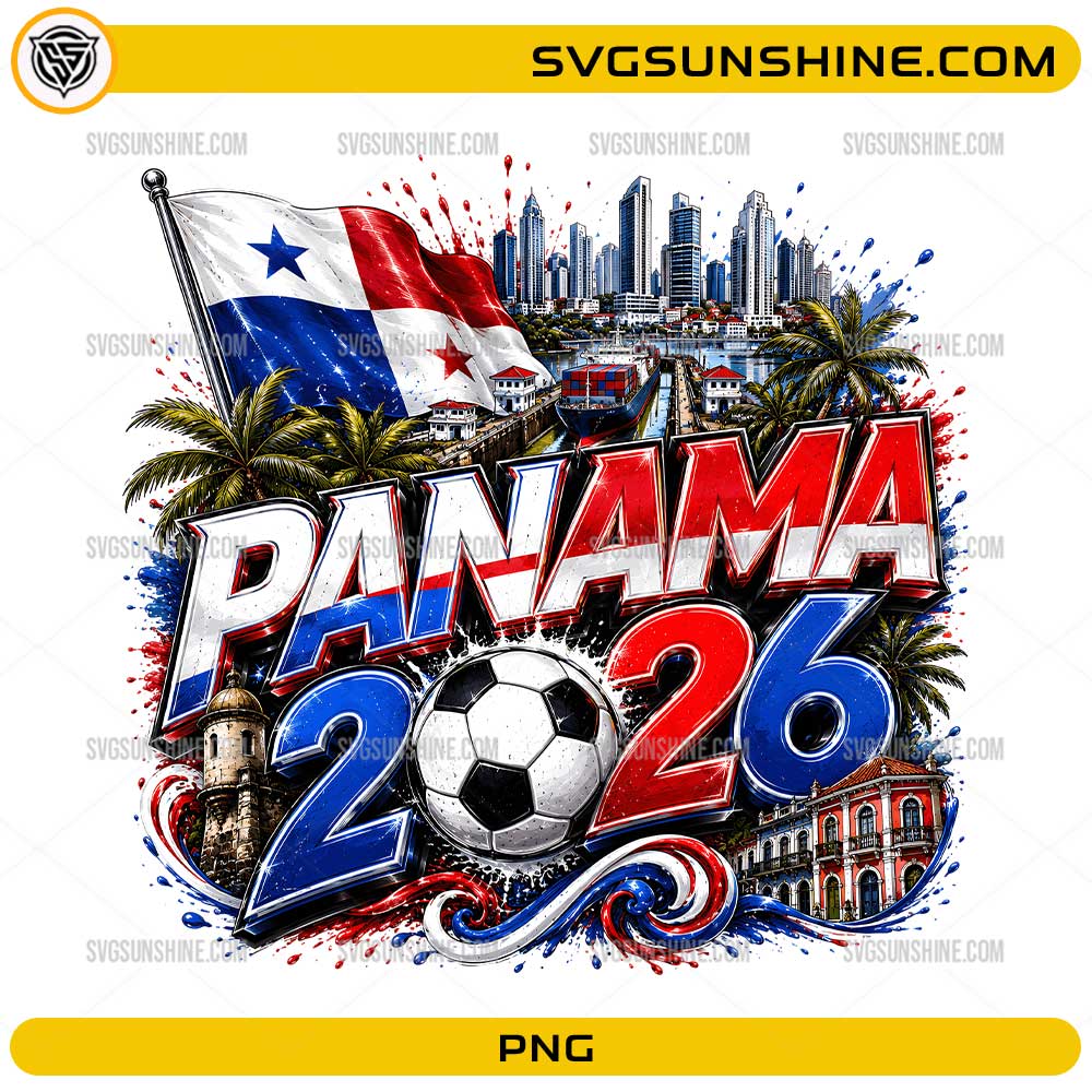 Panama World Cup 2026 PNG with soccer ball, Panama flag colors, palm trees, skyline, and canal scenery