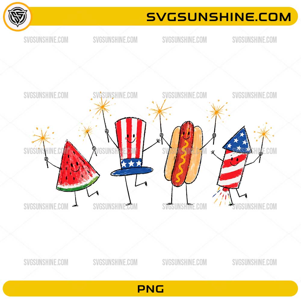 Patriotic Doodle PNG with cute Fourth of July food and firework characters