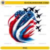 Patriotic Fighter Jets PNG with red white blue smoke trails and American flag stars and stripes