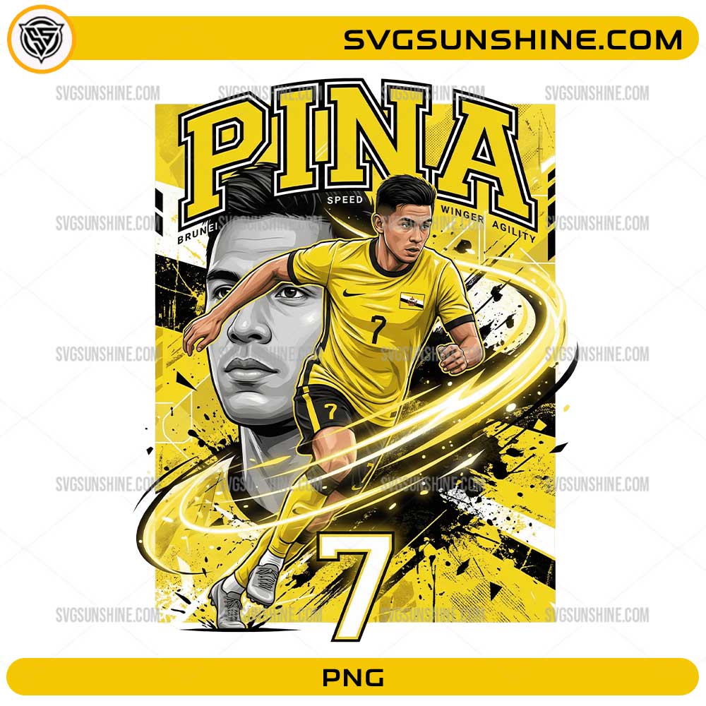 Pina Brunei Soccer PNG with number 7 football player artwork, yellow black colors, and dynamic winger design