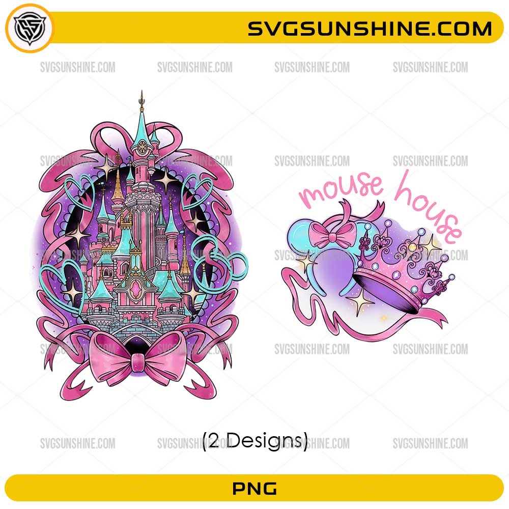 Pink fantasy castle PNG bundle featuring a princess castle, crown, bows, and pastel magical elements