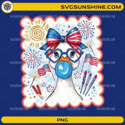 Preppy Patriotic Goose PNG with bow, heart glasses, bubble gum, fireworks, and American flags