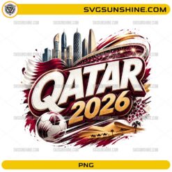 Qatar 2026 Soccer PNG with flag soccer ball skyline and stadium design