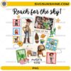 Reach For The Sky Toy Story PNG featuring Andy's Toys retro collage design