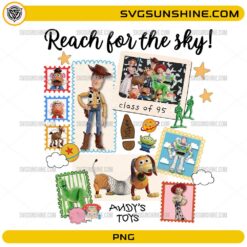 Reach For The Sky Toy Story PNG featuring Andy's Toys retro collage design