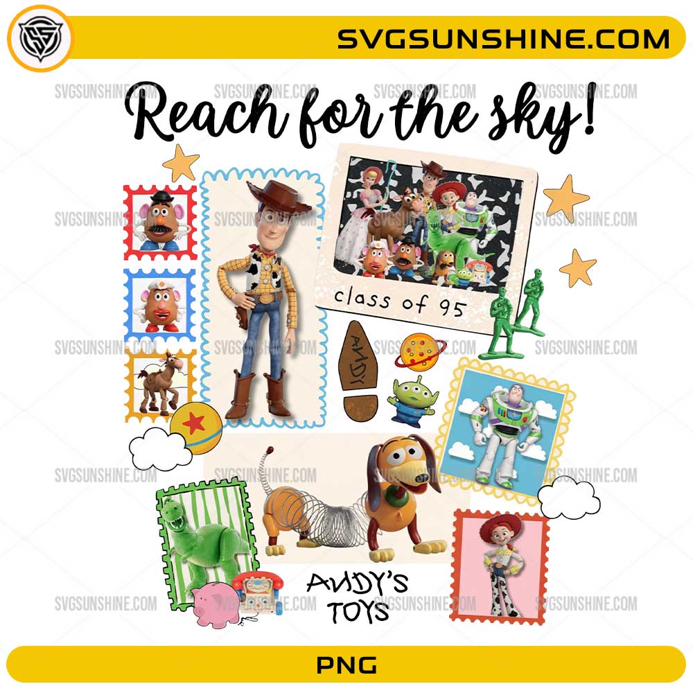 Reach For The Sky Toy Story PNG featuring Andy's Toys retro collage design