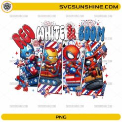 Red, White & Boom PNG clipart featuring chibi superheroes in red, white, and blue patriotic outfits