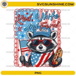 Red White And Feral raccoon PNG with American flag sunglasses and patriotic design