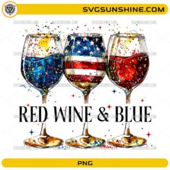 Red Wine & Blue PNG with patriotic wine glasses, stars, confetti, and American flag colors