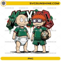 Rugrats Mexico Soccer PNG featuring cartoon-inspired characters wearing Mexico football jerseys with a soccer ball and graffiti background.