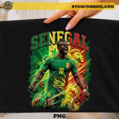 Sadio Mané Senegal soccer PNG with Senegal national team colors and Lion of Teranga artwork for football t-shirts, sublimation printing, Cricut projects, and sports fan merchandise.