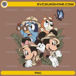 Safari Adventure Cartoon Friends PNG with explorer-themed cartoon characters and tropical leaves
