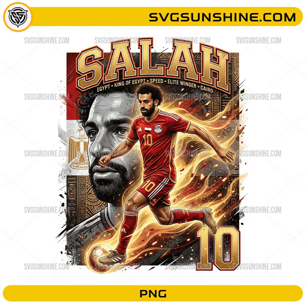 Salah Egypt Soccer PNG with number 10 football player artwork, red black gold colors, and dynamic sports design