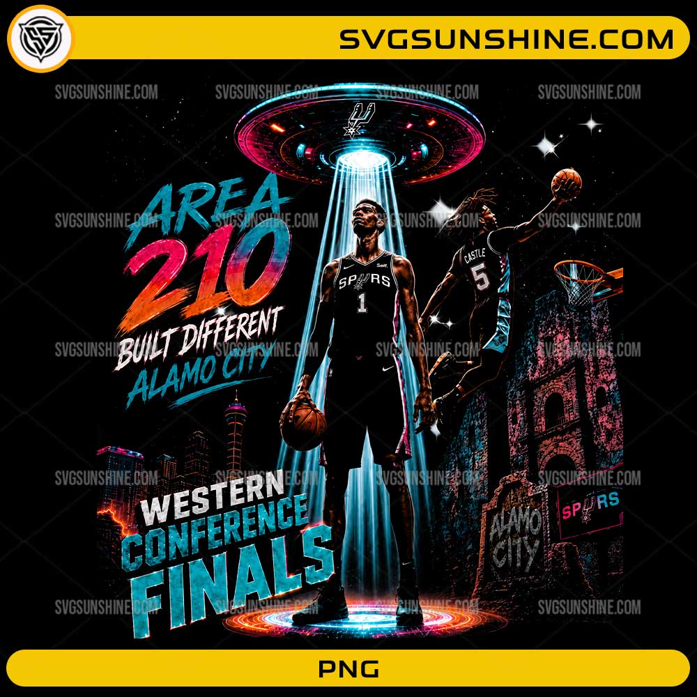 San Antonio Spurs PNG featuring Area 210 Built Different Alamo City basketball design with futuristic artwork