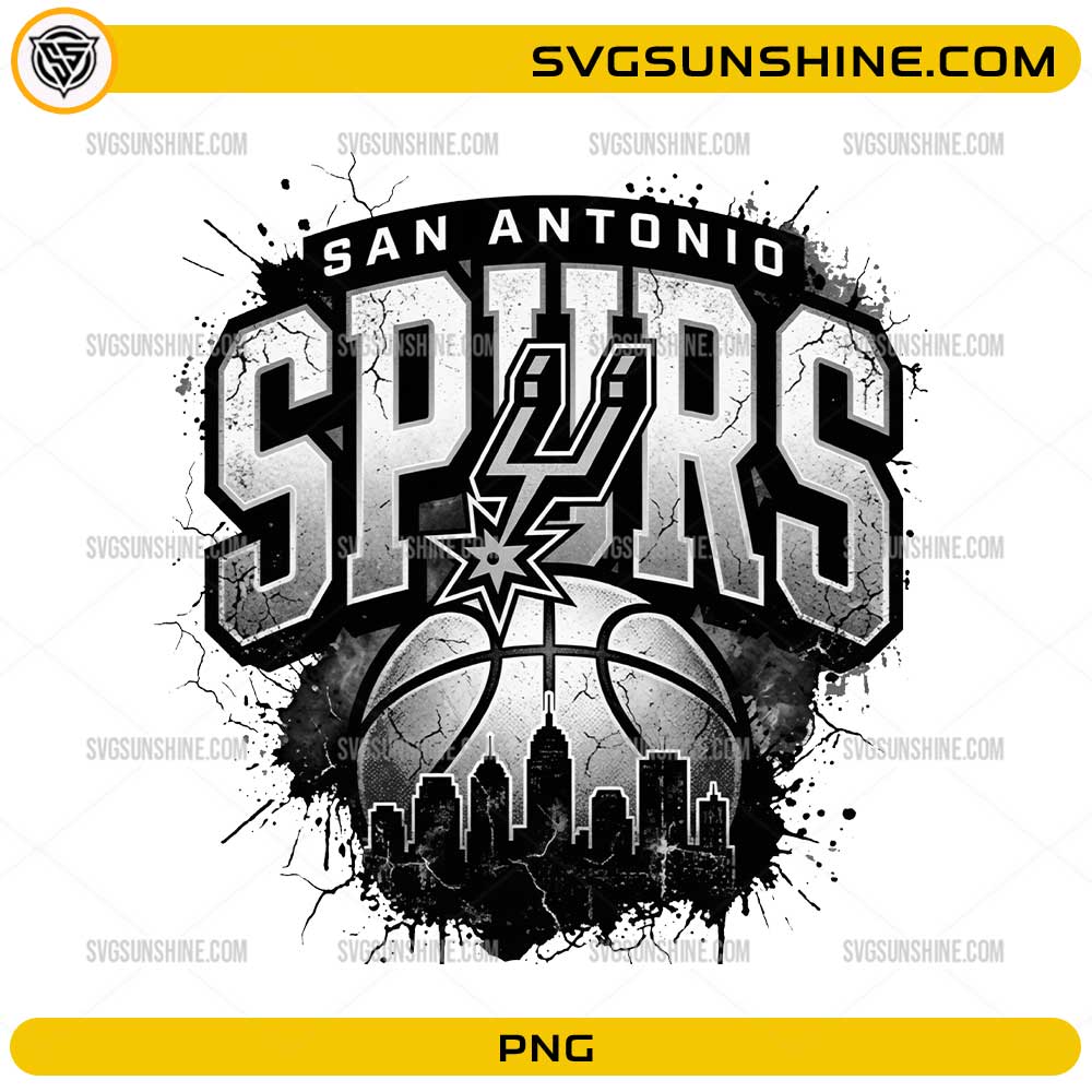 San Antonio Spurs PNG vintage basketball design with city skyline and distressed sports graphic