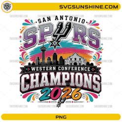 San Antonio Spurs Western Conference Champions 2026 PNG featuring championship typography, skyline, and Alamo artwork