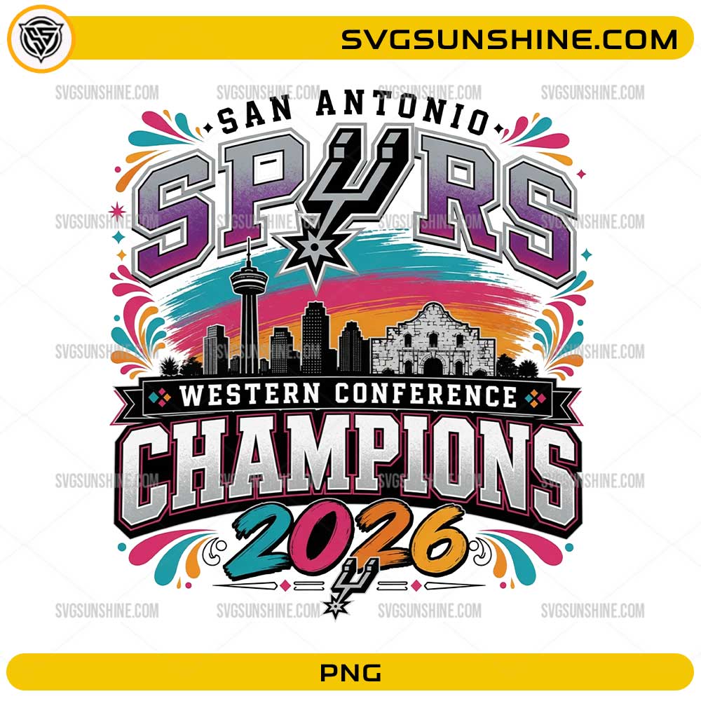 San Antonio Spurs Western Conference Champions 2026 PNG featuring championship typography, skyline, and Alamo artwork