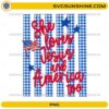 She Loves Jesus And America Too PNG with Christian patriotic lettering, American flag, stars, and blue gingham stripes