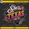 She's From Texas PNG featuring colorful retro typography and San Antonio basketball fan artwork
