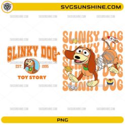Slinky Dog Toy Story PNG Bundle featuring two retro-inspired cartoon dog designs with transparent background for sublimation projects.