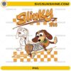 Slinky Dog Toy Story PNG featuring a retro cartoon dog design with orange checkerboard background for sublimation projects.
