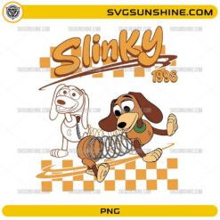 Slinky Dog Toy Story PNG featuring a retro cartoon dog design with orange checkerboard background for sublimation projects.