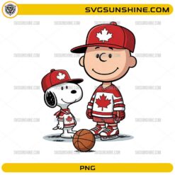 Snoopy Charlie Brown Canada Basketball PNG featuring cartoon characters wearing Canada basketball uniforms with maple leaf hats.