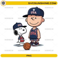 Snoopy Charlie Brown USA Basketball PNG featuring Peanuts-inspired characters wearing USA basketball uniforms with matching caps and a basketball.