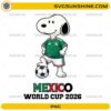 Snoopy Mexico World Cup 2026 PNG featuring Snoopy wearing a green Mexico-inspired soccer jersey with a soccer ball.