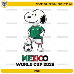 Snoopy Mexico World Cup 2026 PNG featuring Snoopy wearing a green Mexico-inspired soccer jersey with a soccer ball.