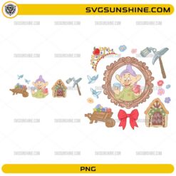 Snow White Dopey PNG featuring Dopey, gemstones, woodland birds, dwarf cottage, vintage mirror, and transparent background.
