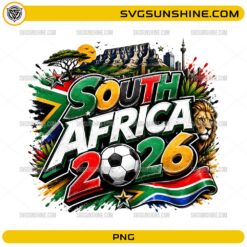 South Africa 2026 Soccer PNG with flag soccer ball lion and Table Mountain