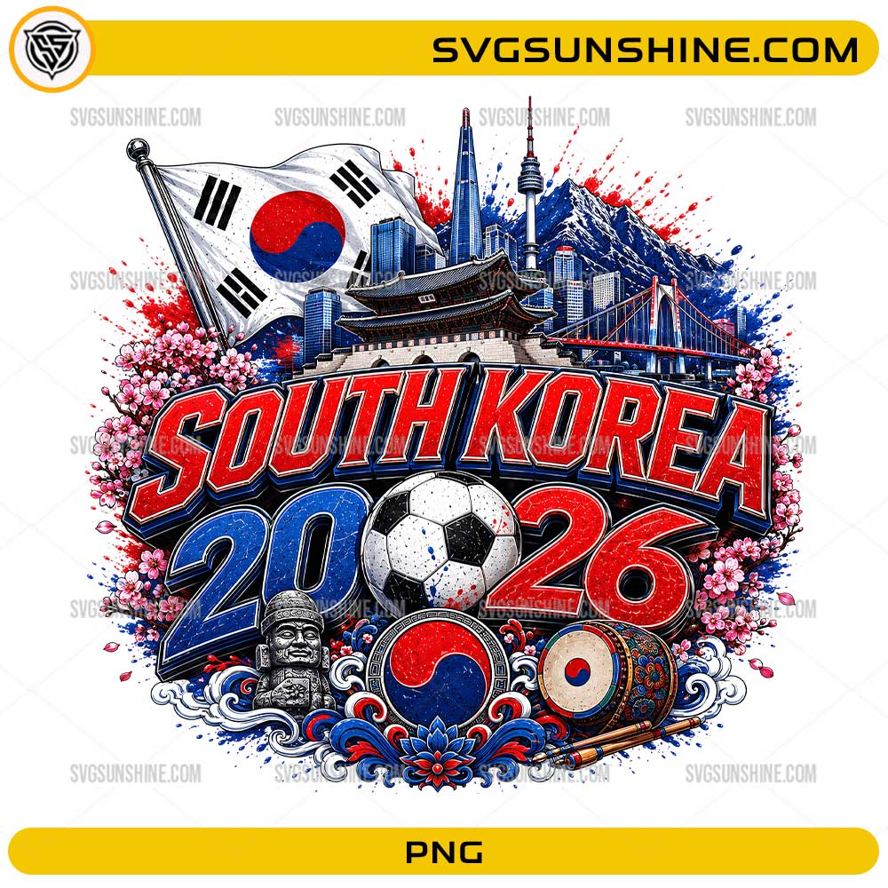 South Korea 2026 Soccer PNG with Korean flag soccer ball and skyline