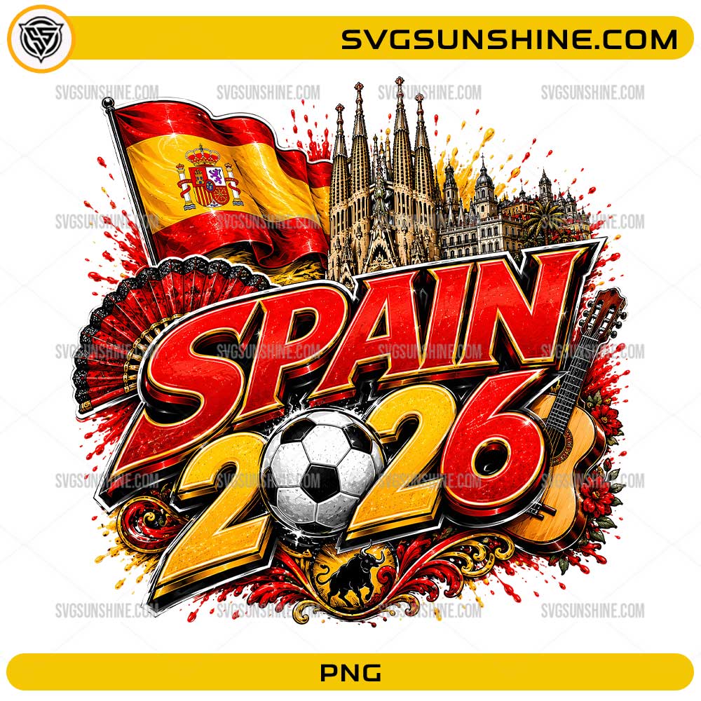 Spain 2026 Soccer PNG with flag soccer ball Sagrada Familia and guitar