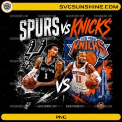 Spurs vs Knicks PNG featuring San Antonio and New York basketball players with city skyline artwork