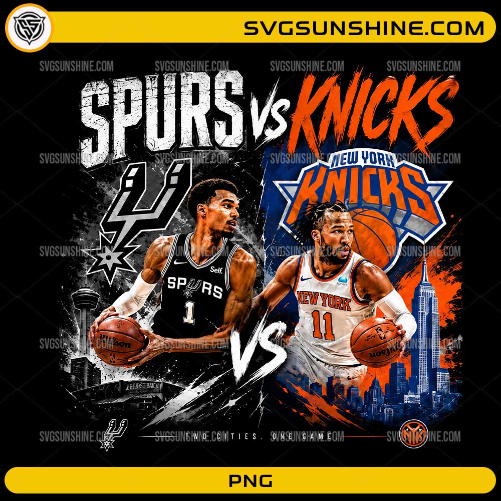 Spurs vs Knicks PNG featuring San Antonio and New York basketball players with city skyline artwork