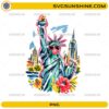 Statue of Liberty PNG with sunglasses, bubble gum, flowers, and watercolor New York skyline artwork