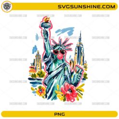 Statue of Liberty PNG with sunglasses, bubble gum, flowers, and watercolor New York skyline artwork