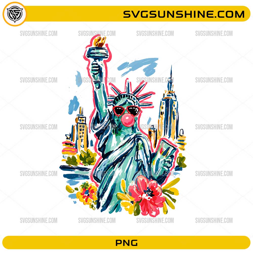 Statue of Liberty PNG with sunglasses, bubble gum, flowers, and watercolor New York skyline artwork