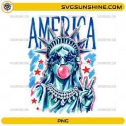 Statue of Liberty PNG wearing star sunglasses and blowing bubble gum with America patriotic design