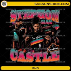 Stephon Castle San Antonio Basketball PNG featuring retro sunset typography, skyline graphics, and basketball fan artwork