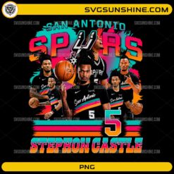 Stephon Castle San Antonio Spurs PNG featuring retro basketball graphics, multiple action poses, and colorful sports artwork