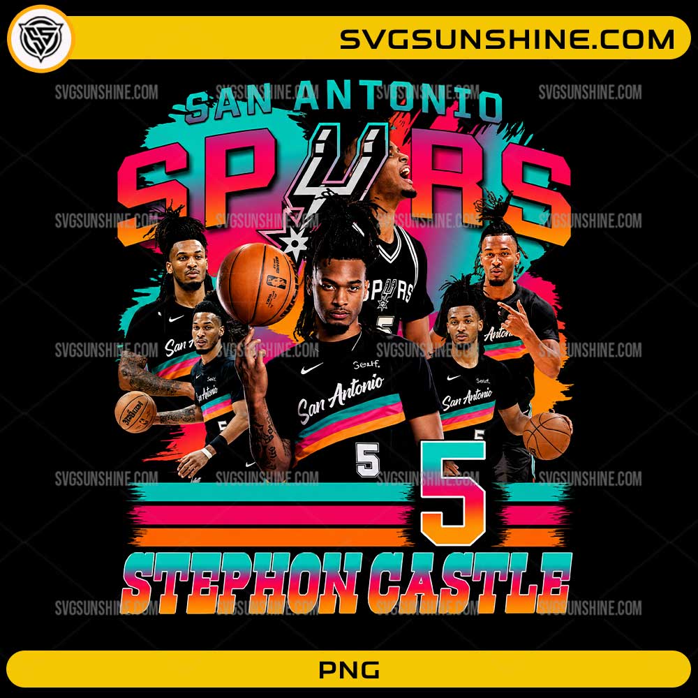 Stephon Castle San Antonio Spurs PNG featuring retro basketball graphics, multiple action poses, and colorful sports artwork