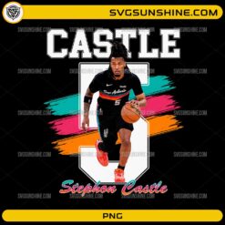 Stephon Castle San Antonio Spurs PNG featuring retro basketball graphics and varsity sports design