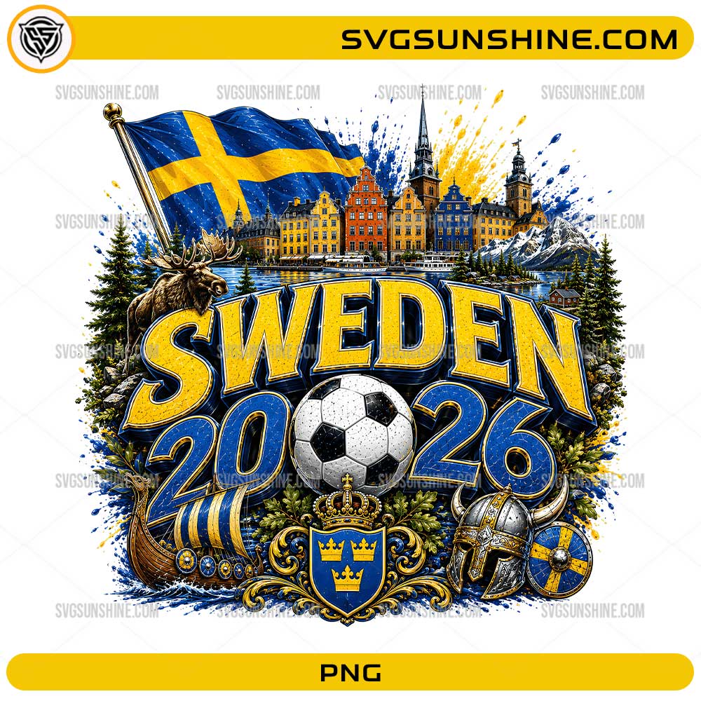 Sweden 2026 Soccer PNG with flag soccer ball Nordic landmarks and Viking details